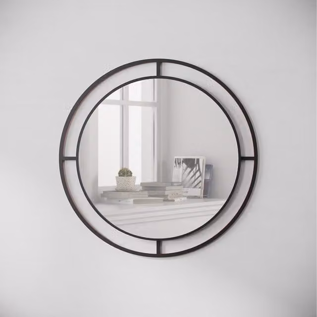 HOCUS PICUS Modern Geometric Round Metal Framed Wall Mirror in Black and Gold, W/D/H: 57 x 57 x 1 cm