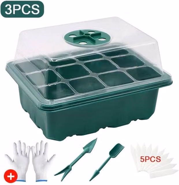 NESTLUNE 3 Holes Seed Starter Trays with Lid Plant Germination Box in Green