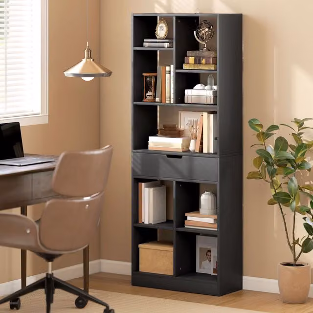 HOMCOM Modern Freestanding Bookcase Display Shelf with Drawer in Black – 1