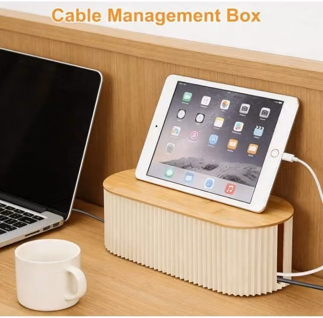 EONLION White Large Cable Management Box with Bamboo Slatted Lid