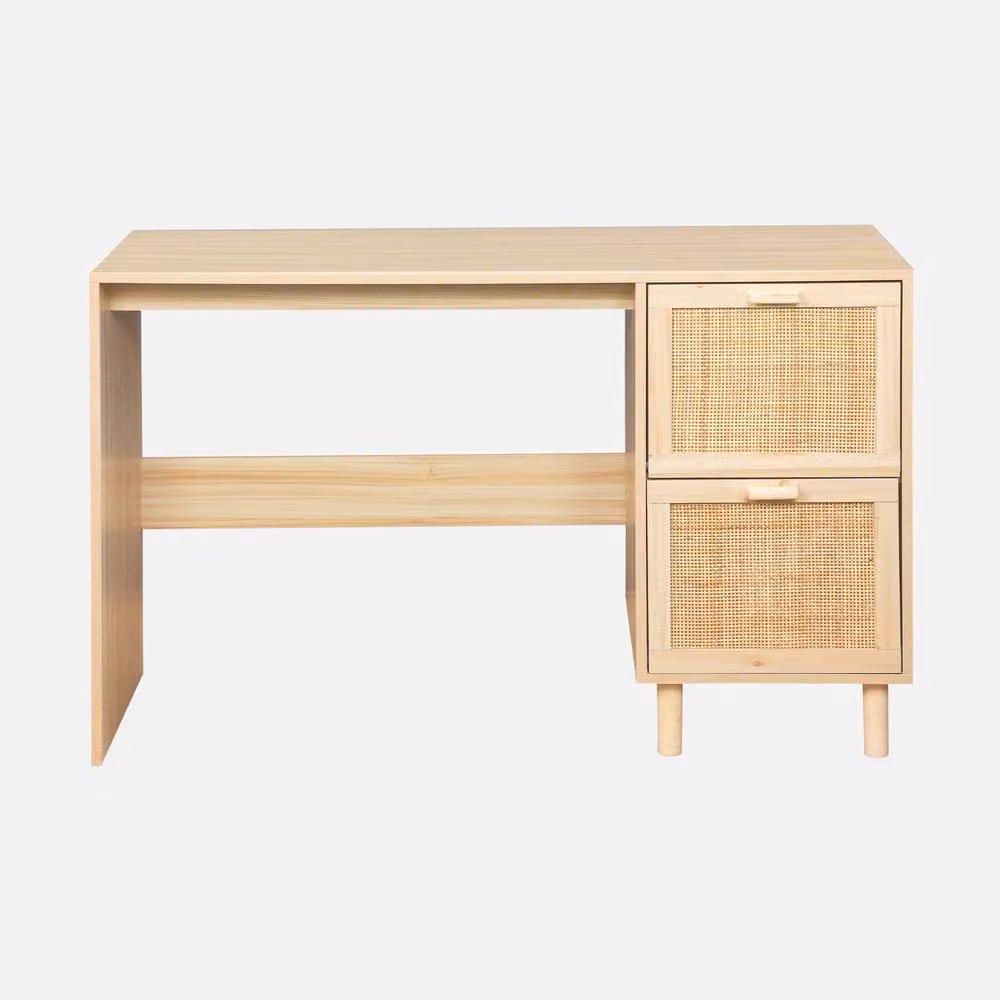 sweeek Boho Woven Rattan Writing Desk with 2 Drawers in Brown – 2