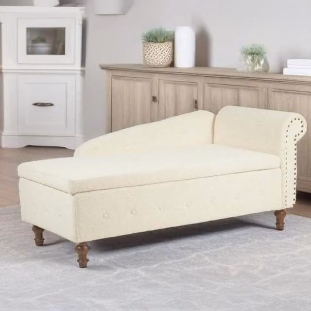 Livinluxury Cream Boucle Chaise Longue with Storage