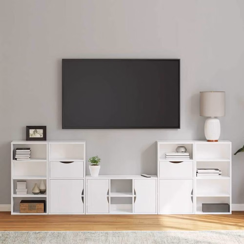 Berkfield Home ODDA 5 Piece White Solid Wood Pine TV Unit with Storage – 2