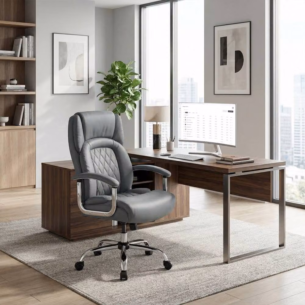 Costway Modern Grey PU Leather Executive Office Chair with Headrest and Armrests – 6