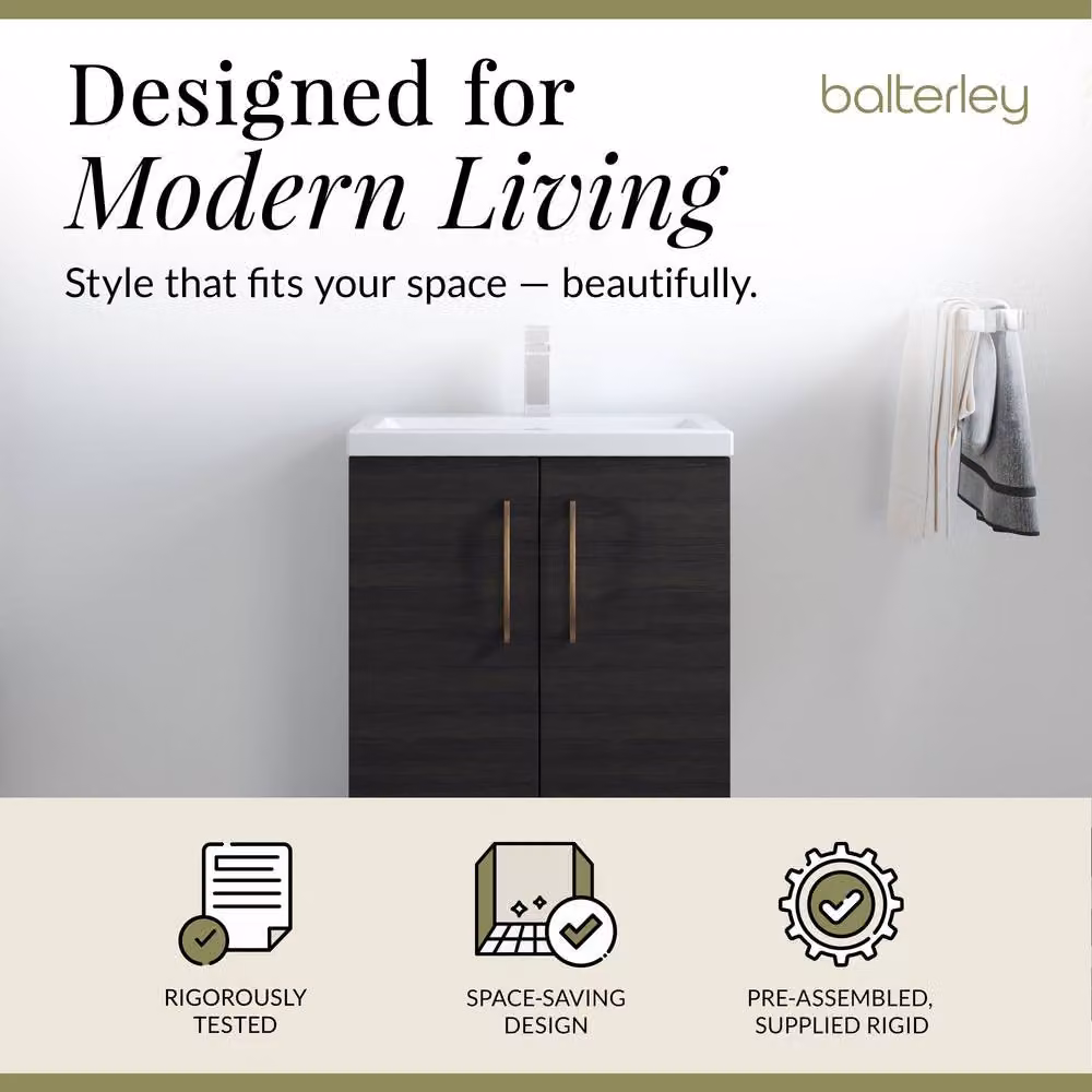 Balterley Modern Black Wood Freestanding Bathroom Vanity Basin Unit with Soft Close Hinged Doors, W: 60 cm, H: 84 cm, D: 42 cm – 2