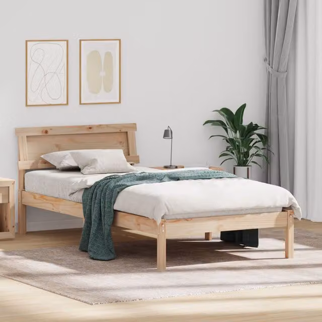 Berkfield Home Modern Bed Frame with Headboard and Under-Bed LED Lighting in Beige Solid Pine Wood W/D/H: 80 x 200 cm