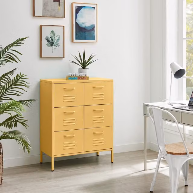 FurnitureboxUK Teksi Modern Industrial Metal 6 Drawer Sideboard in Yellow