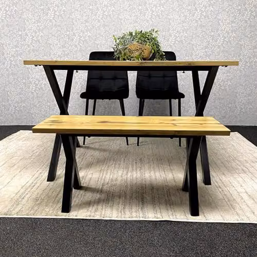 KOSY KOALA Industrial Dining Set with Rectangular Table, 2 Velvet Chairs and Wooden Bench in Black, Brown or Grey – 6