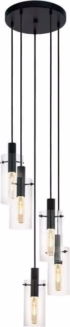 Loops Black 5-Bulb Pendant Ceiling Light with Transparent Glass Shades and E27 Sockets – 1