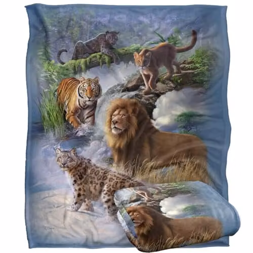 JQ Licensing Big Cats Lion Tiger Leopard Cougar Super Soft Microfibre Throw Blanket, White, W/D/H: 152 x 127 cm