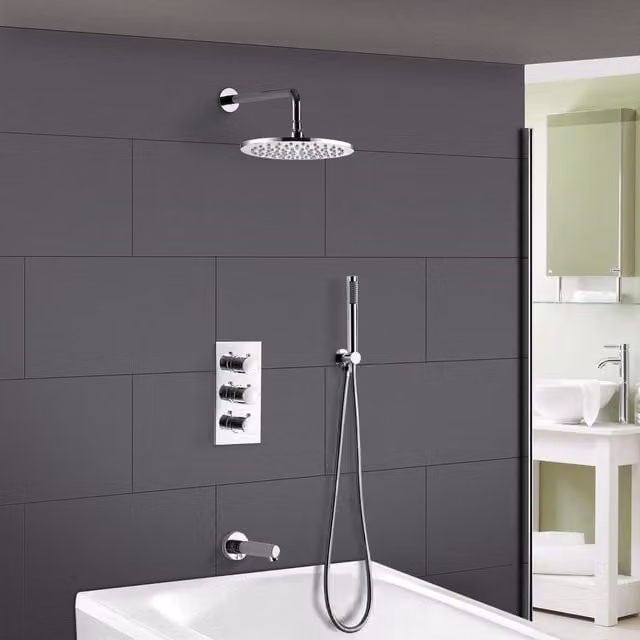 Nes Home Concealed Round Thermostatic Shower Mixer Valve with 3 Way 3 Dial Control in Chrome Silver