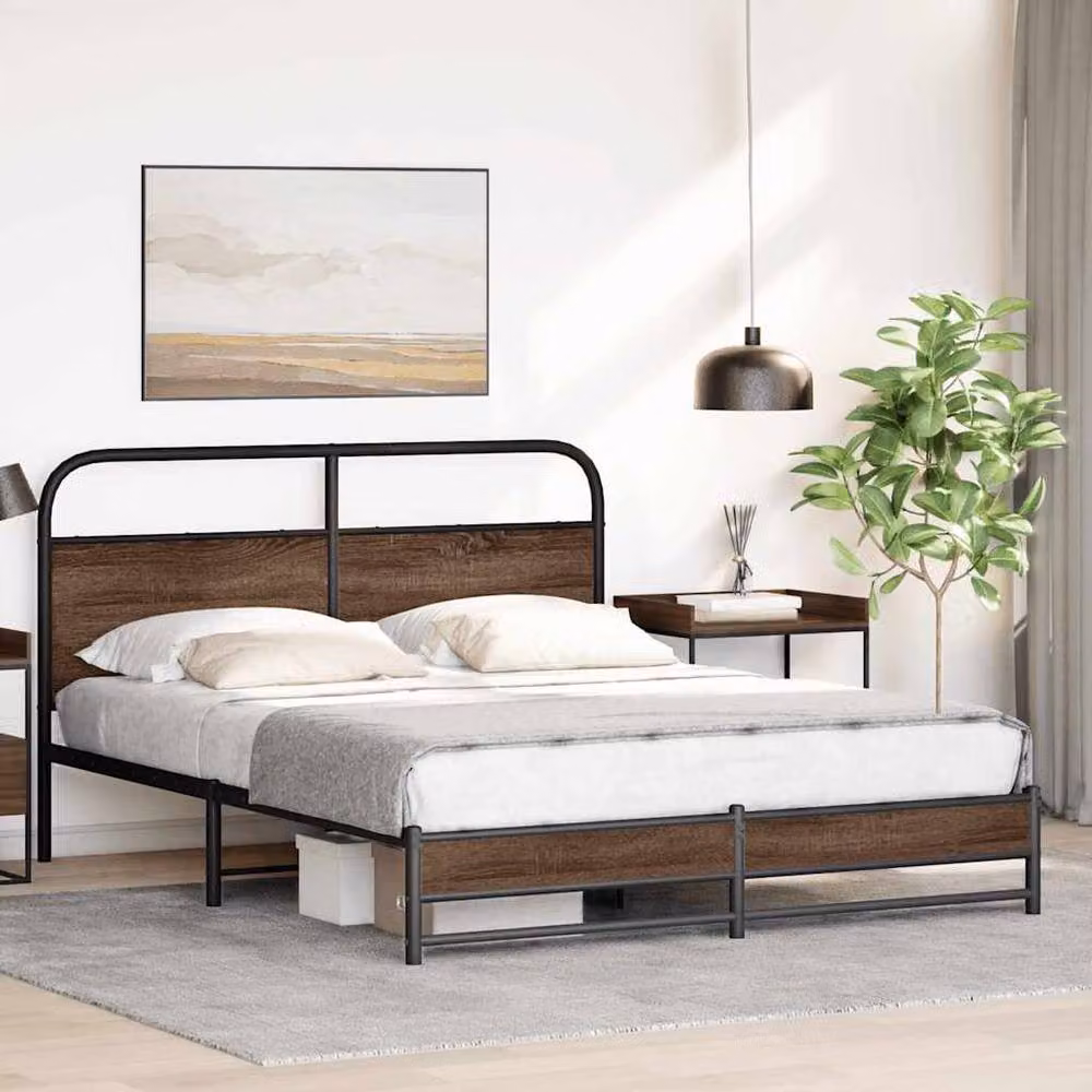 Berkfield Home Metal Bed Frame in Brown Oak, W/D/H: 160 x 200 cm – 3