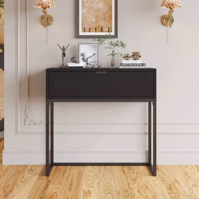 VOGREX Black Modern Console Table with MDF Top and Metal Frame for Hallway or Living Room – 1