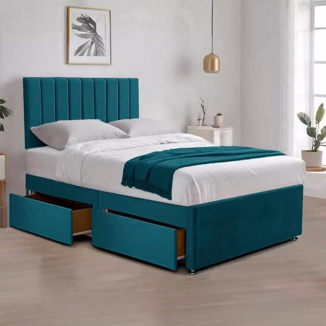 Bed Time UK Relaxing Plush Velvet Divan Bed with Mattress and 2 Drawers in Green, W/D/H: 200 x 200 cm