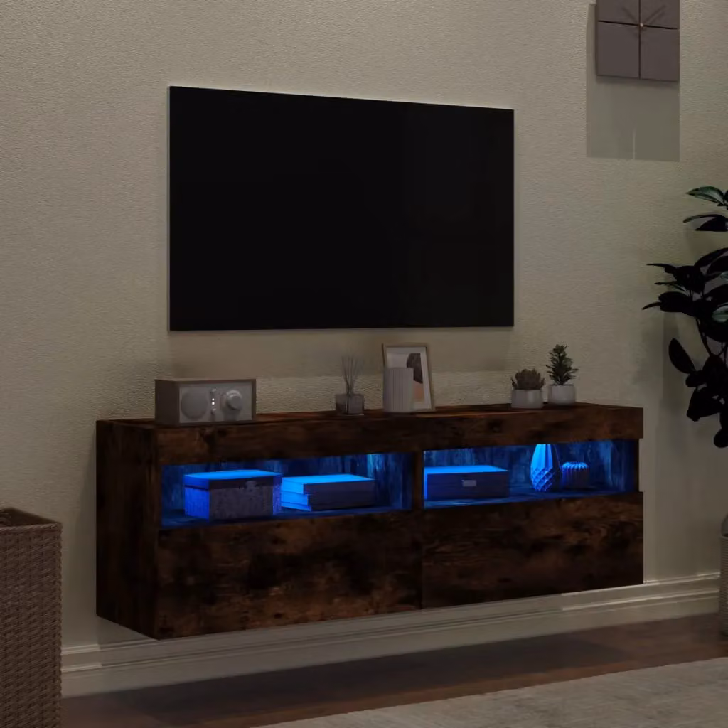 Berkfield Home Set of 2 Modern Wall Mounted TV Cabinets with Integrated LED Lights in Smoked Oak Brown, W/D/H: 60 x 40 x 40 cm – 4