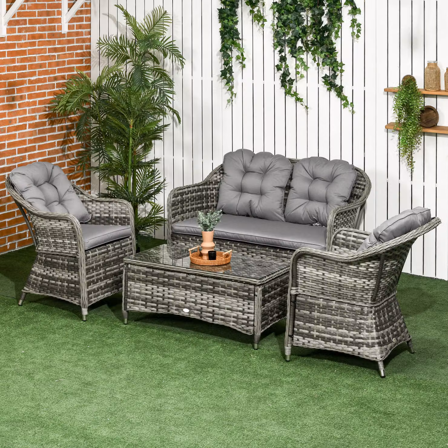 Outsunny 4 Piece Grey Rattan Outdoor Furniture Set with Cushions and Coffee Table – 2
