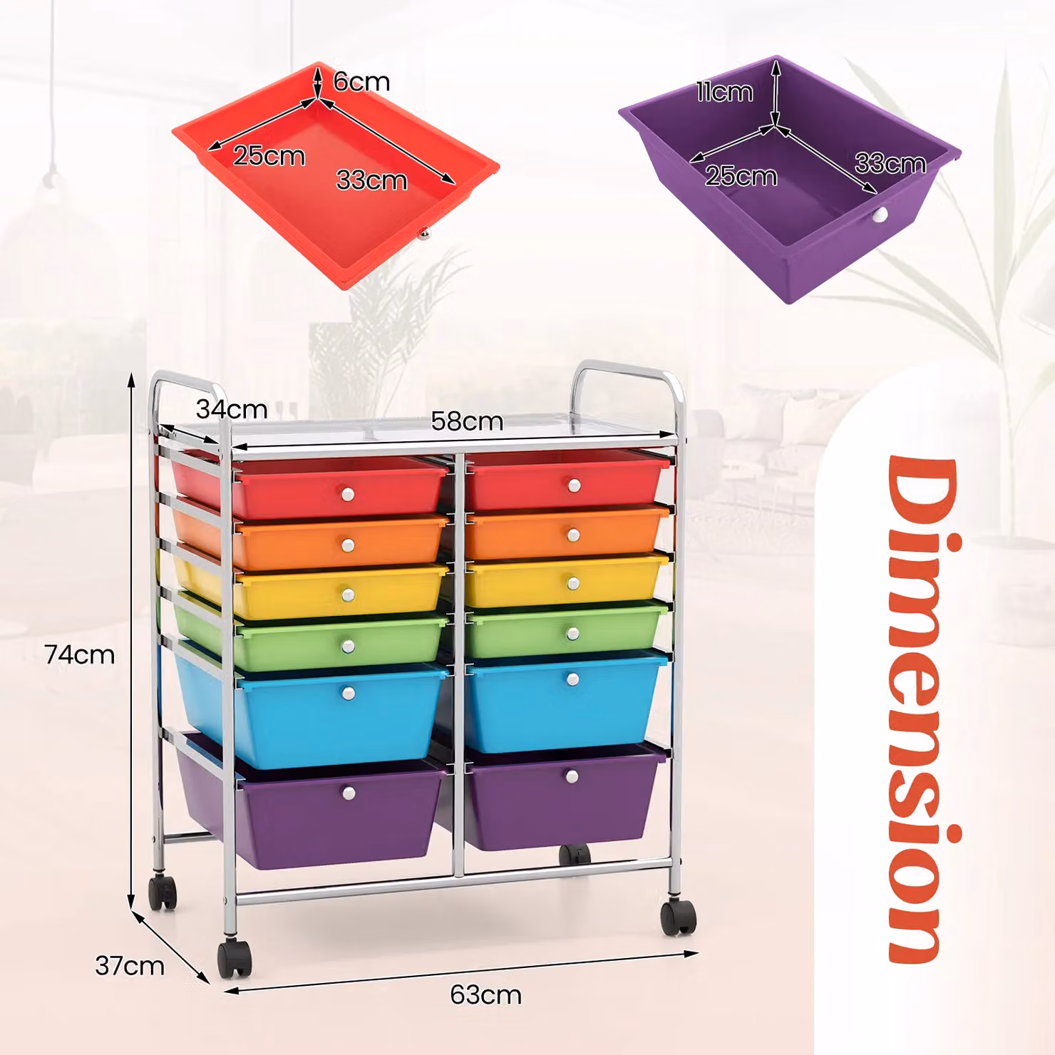 Gymax 12 Drawer Rolling Utility Storage Cart with Wheels and Handles in Multicolour – 2