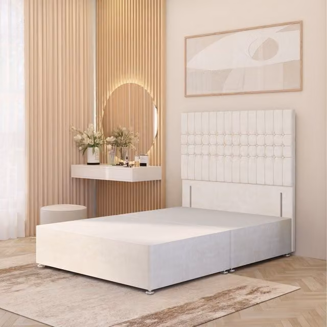 Somnior Beds Ltd Lexington Divan Bed Base with 54 inch Floor Standing Headboard in Ivory Plush Velvet, W/D/H: 90 x 190 x 34.5 cm