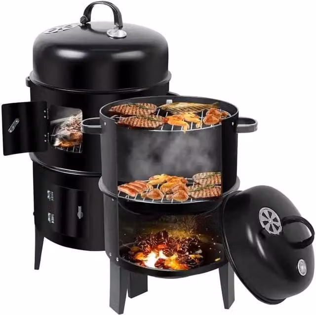 HOMEVIBE 3 in 1 Tabletop Charcoal Smoker BBQ with Thermometer, Black