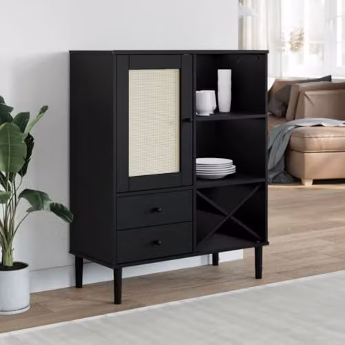 vidaXL SENJA Highboard in Black Rattan Look Solid Pine Wood with Hinged Doors and Internal Drawers, W/D/H: 90 x 40 x 112 cm – 2