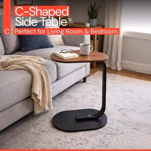 KORVIXA Brown Wooden Side Table and Laptop Desk with Oval Top and Sled Base, W/D/H: 100 x 59 x 100 cm – 1
