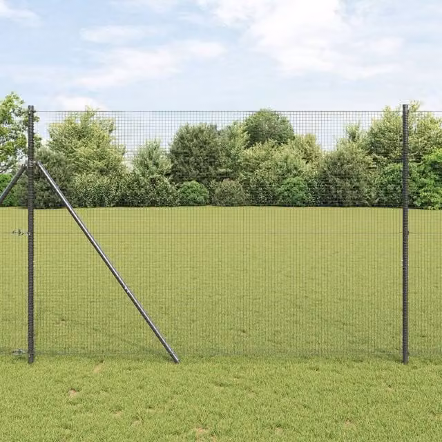 Berkfield Home Grey Steel Welded Wire Fence with 7 Round In-Ground Posts, W: 10 m, H: 1.5 m – 1