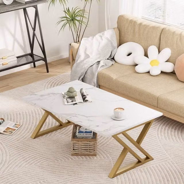 Huhote Modern White Geometric Coffee Table with Metal Frame and Glass Top