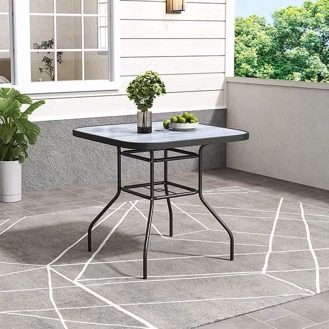 Breeins Modern Wood Effect Garden Table with Tempered Glass in Black, W/D/H: 80 x 80 x 72.5 cm