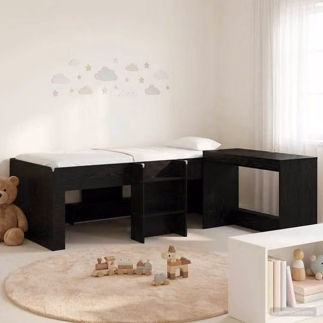 Berkfield Home Kids High Bed Frame with Desk, 2 Piece Set in Black Oak Engineered Wood – 1