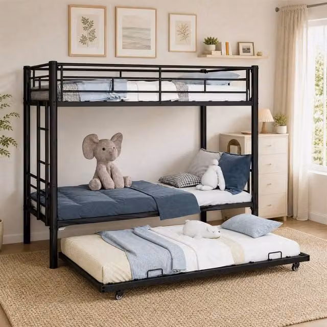STILVORA Modern Metal 3ft Single Bunk Bed Frame with Pull-Out Bed in Black – 1