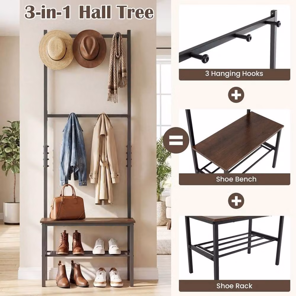 KORVIXA Industrial Hallway Hall Tree with Bench and Shoe Rack, Brown – 4