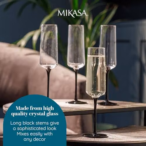 Mikasa Palermo Lead-Free Crystal Champagne Flute Set of 4, 250ml, Transparent with Black Stems – 3