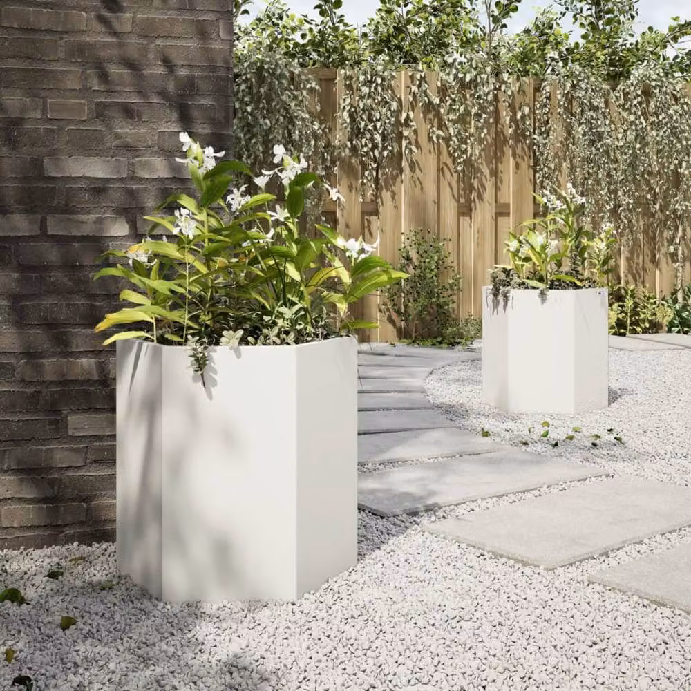 Berkfield Home White Hexagon Steel Garden Planter Tub, 2 Pack, W: 46 cm, D: 40 cm, H: 45 cm – 4