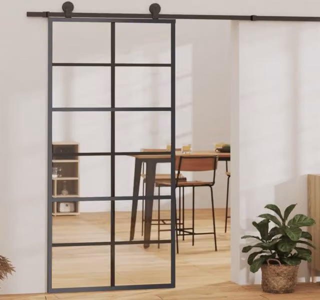 Berkfield Home Industrial Sliding Glass and Aluminium Door with Hardware Set, Black, W: 90 cm, H: 205 cm