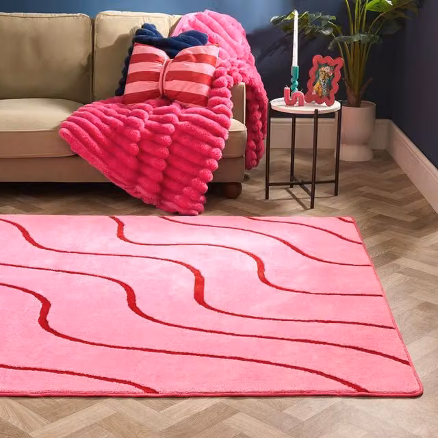 OHS Hand Tufted Wave Contour Rug in Bright Pink, W: 160 cm, L: 230 cm