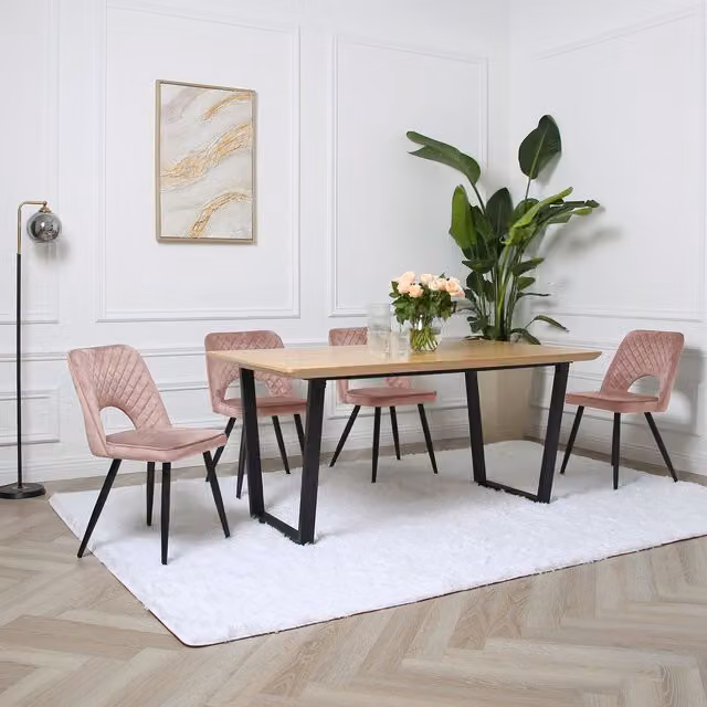Home Garden Direct Modern Oak Veneer Rectangular Dining Set with 4 Chairs in Pink and Black