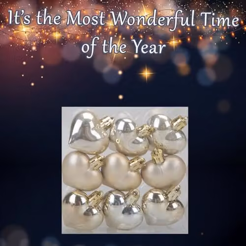 VFM e-Store Set of 9 Glass Heart Christmas Tree Hanging Ornaments in Beige and Gold, 4cm – 4
