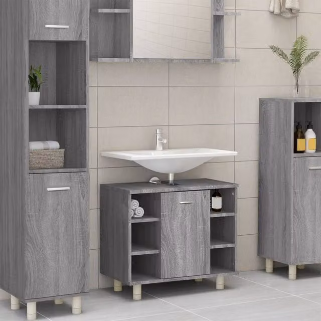 Berkfield Home Grey Sonoma Wall Mounted Bathroom Cabinet with Hinged Doors and Internal Shelves, W/D/H: 60 x 32 x 53.5 cm