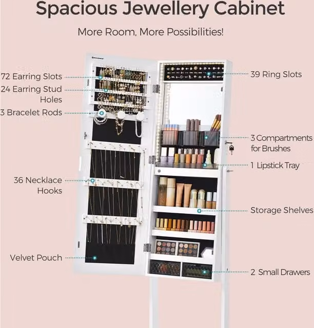 SONGMICS Standing Armoire Organiser in White with Mirror, LED Lighting and Internal Drawers