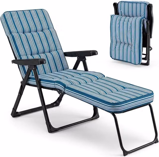 Gymax Foldable Garden Sun Lounger with Adjustable Headrest and Armrests in Blue Striped UV-Resistant Polyester