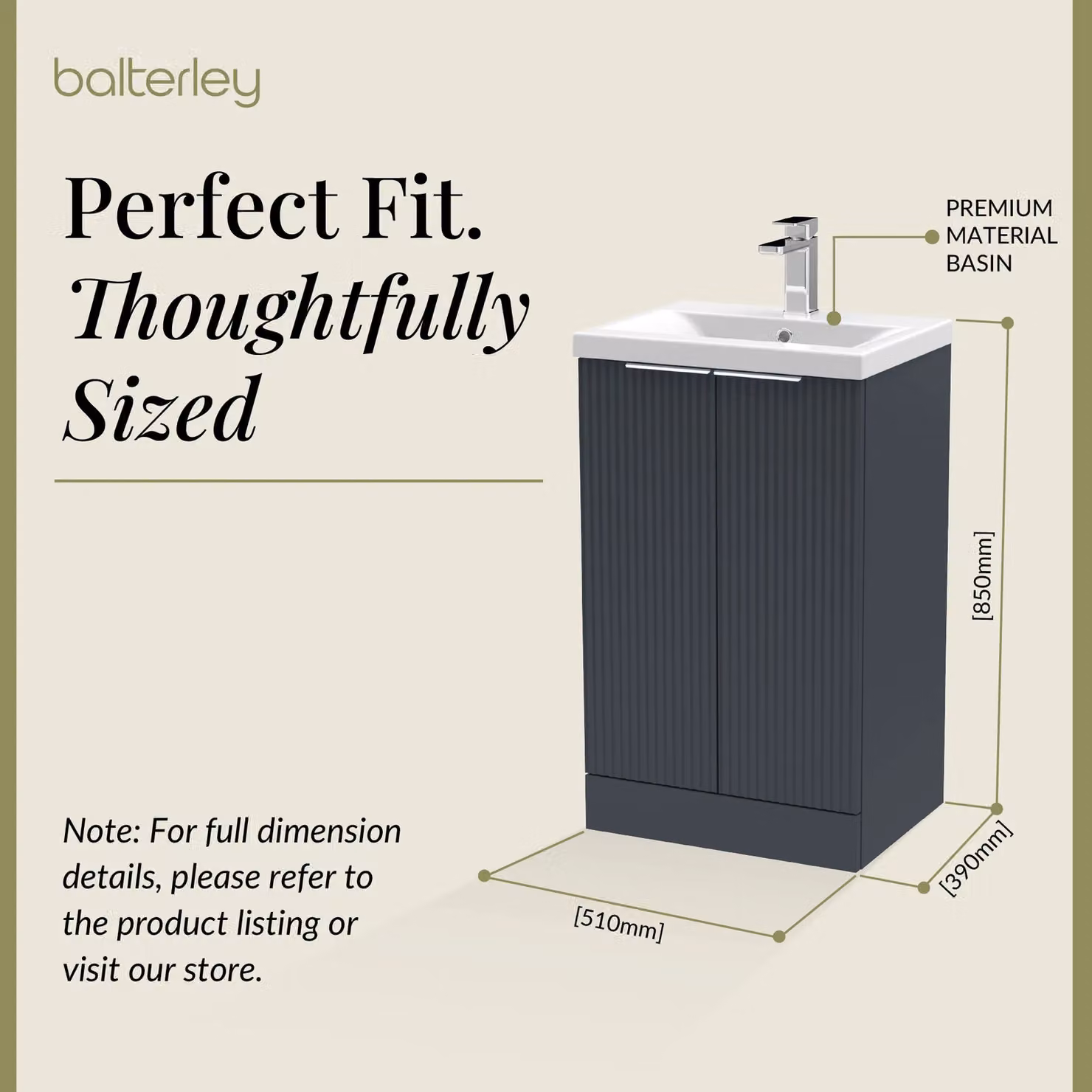 Balterley Fluted Front Floor Standing 2 Door Vanity Basin Unit in Dark Grey, W: 50 cm, H: 85 cm – 4
