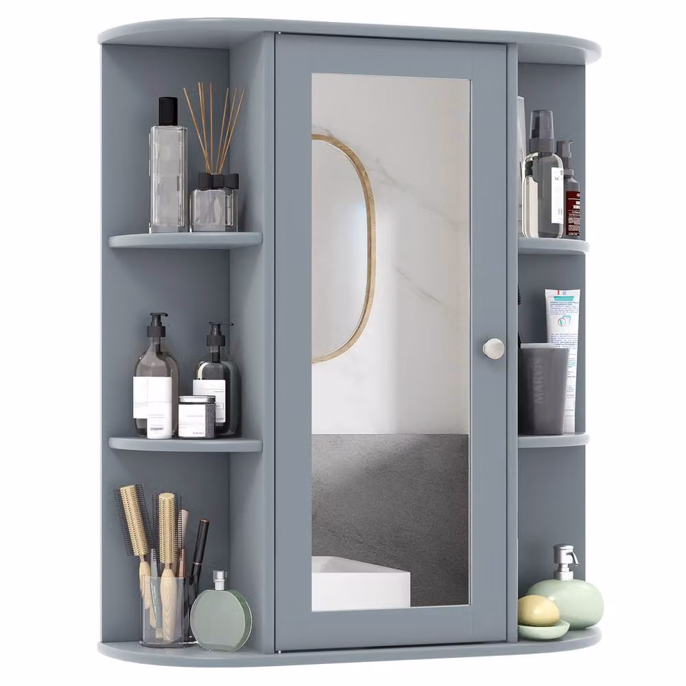 Costway Grey Wooden Wall Mounted Bathroom Medicine Cabinet with Mirror and Internal Shelves – 3