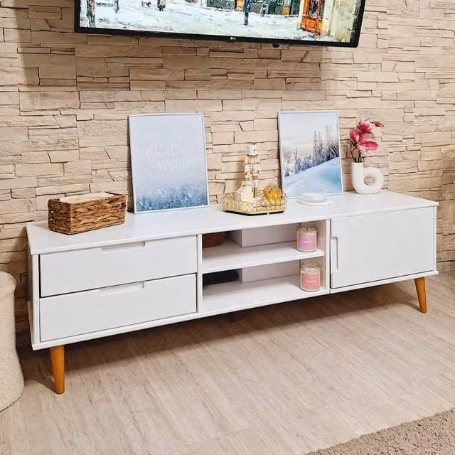Berkfield Home MOLDE TV Cabinet in White Solid Pine Wood W/D/H: 158 x 40 x 49 cm