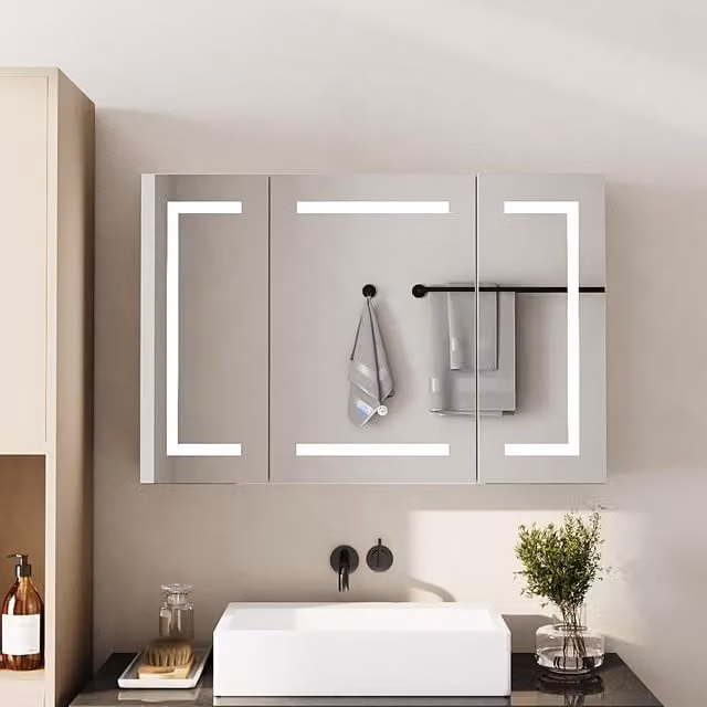 Livingandhome Modern Triple-Door Bathroom Mirror Cabinet with LED Lighting and Anti-Fog Function in Silver