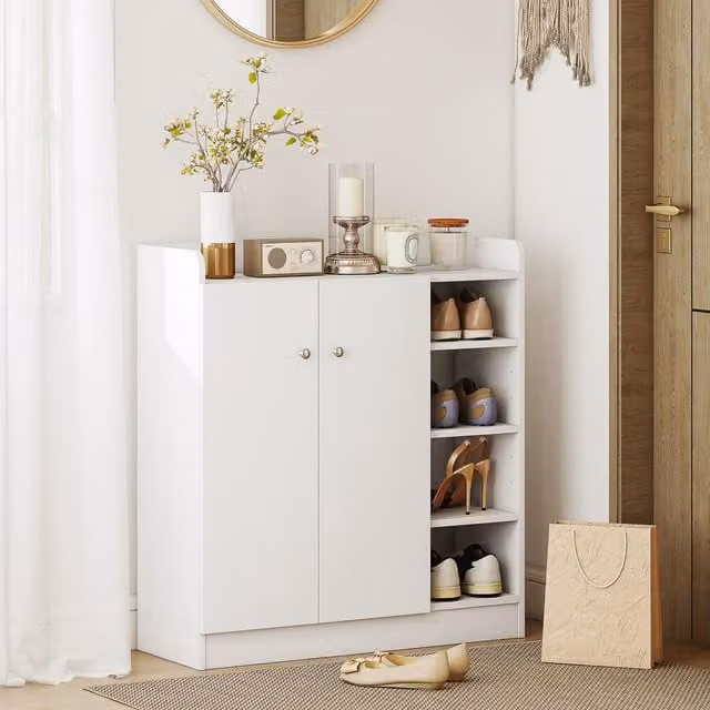 HOMCOM Modern White Shoe Storage Cabinet with Hinged Doors and Adjustable Internal Shelves