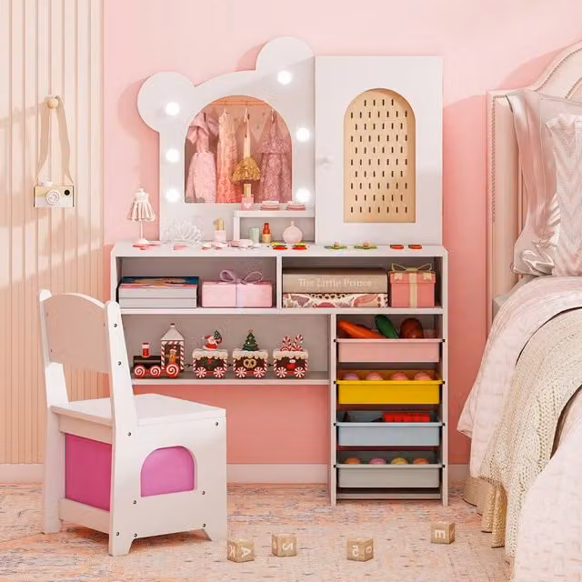 Costway Kids Dressing Table and Chair Set with 5 Drawers and Hollywood LED Lights in White