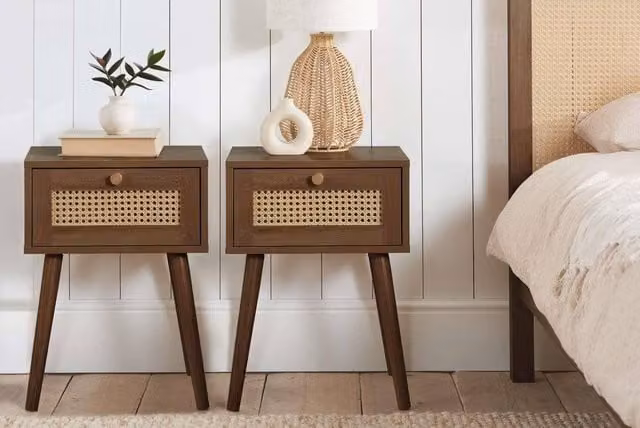 Birlea Croxley Pair of Rattan 1 Drawer Bedside Cabinets in Brown Walnut with Gold Details