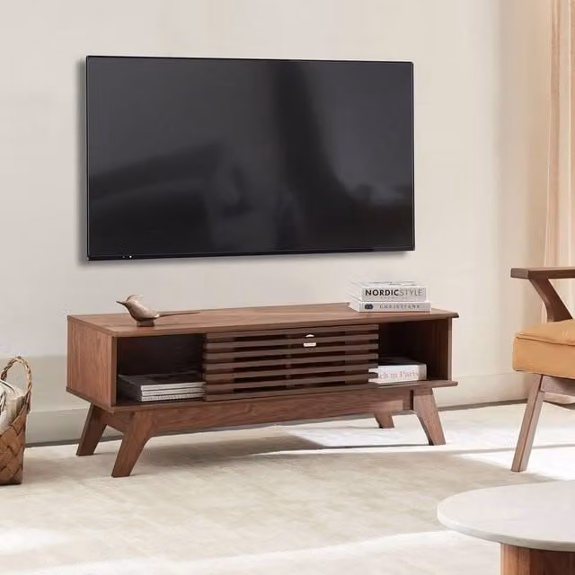 Wyld and Coco Brown Retro TV Stand with Media Compartments, W: 120 cm, D: 40 cm, H: 44 cm – 1