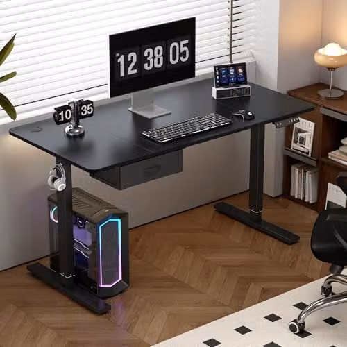 MCC Direct Easton Electric Height Adjustable Standing Desk with Drawer, Black, W: 160 cm, D: 70 cm, H: 115 cm – 1
