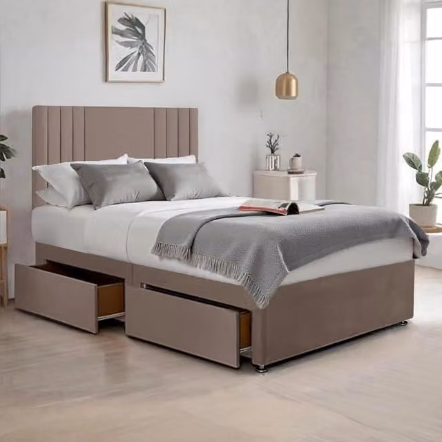 Bed Time UK Plush Sawana King Size Bed with 20 inch Headboard, Hybrid Memory Foam Mattress and 2 Drawers in Beige, W/D/H: 180 x 200 cm
